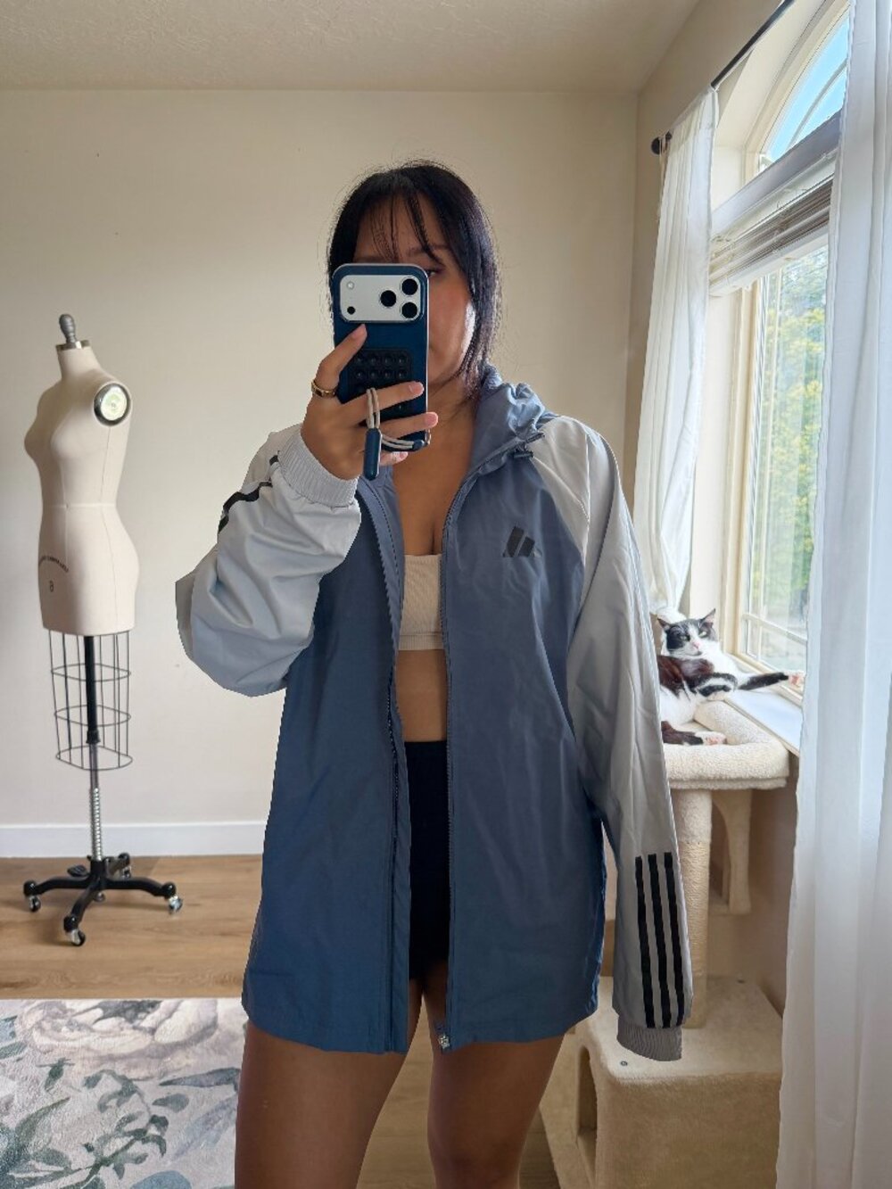 Adidas Windbreaker Jacket XL | Blue White Hooded Rain Jacket | Athletic Zip Up